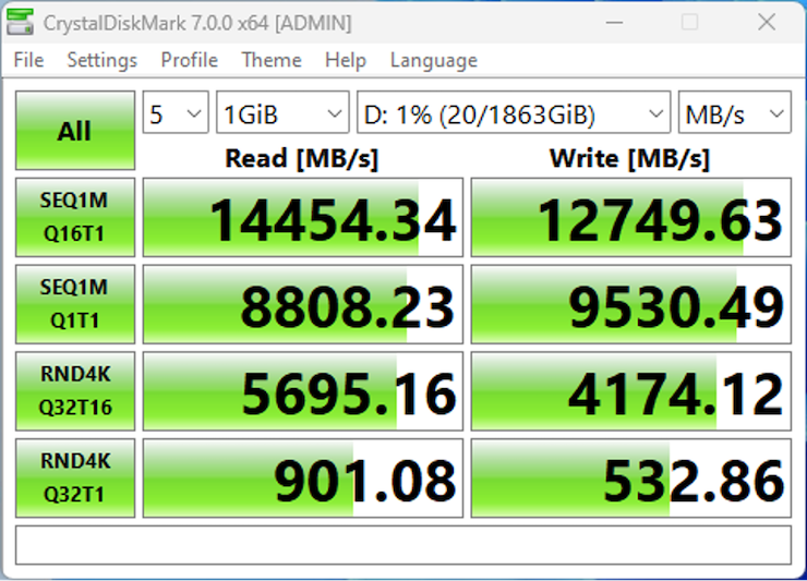 Tốc độ đọc, ghi thực tế của SSD Aorus Gen5 14000, đo bằng CrystalDiskMark 7.0.