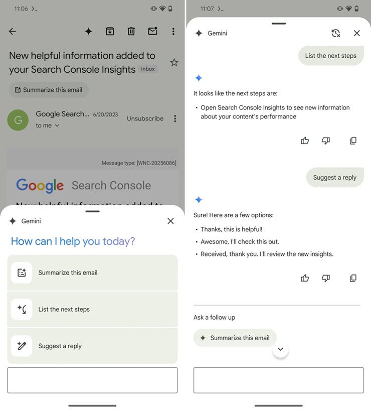 Những nút bấm của tính năng AI trong ứng dụng Gmail cho Android.