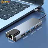 Cáp chuyển đổi Type-C 5 trong 1 ra HDMI 4K, 2xUSB 3.0, Type C, Lan  Bộ HUB Type-C 5 in 1